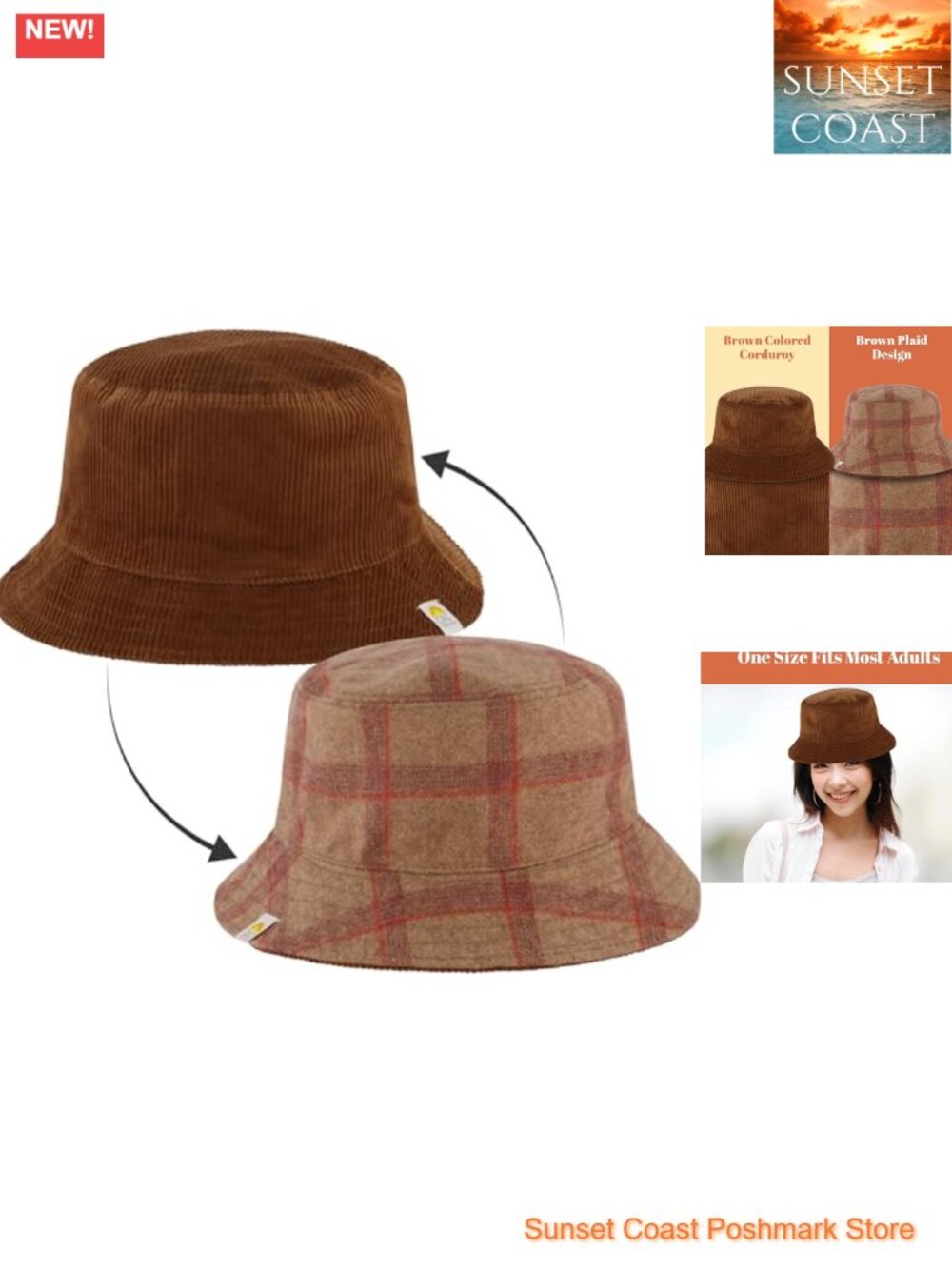 Reversible Corduroy Plaid Bucket Hat Wide Brim Packable Cotton